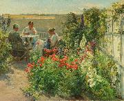 Knud Bergslien Blomstrende haveeksterir med tre kvinder ved et bord Germany oil painting artist